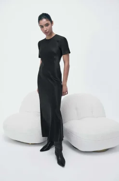 SHORT SLEEVE BIAS DRESS BLACK